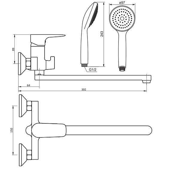 Смеситель для ванны и душа Damixa Origin Evo 789500000 длинный излив, душевая лейка, шланг 1500, хром-3