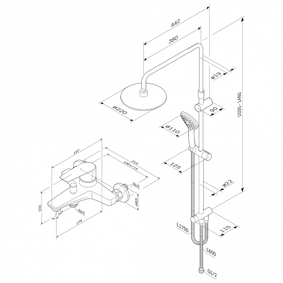 Душевая система AM.PM Gem F42890A14 стойка с тропическим душем, черная матовая + смеситель для ванны, черный матовый-10
