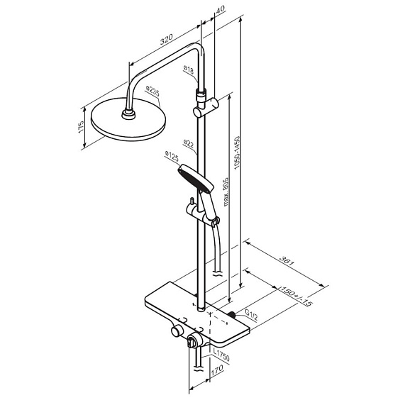 Душевая система Damixa Apollo 947760300 стойка с тропическим душем, термостатом, смесителем, черная матовая-5
