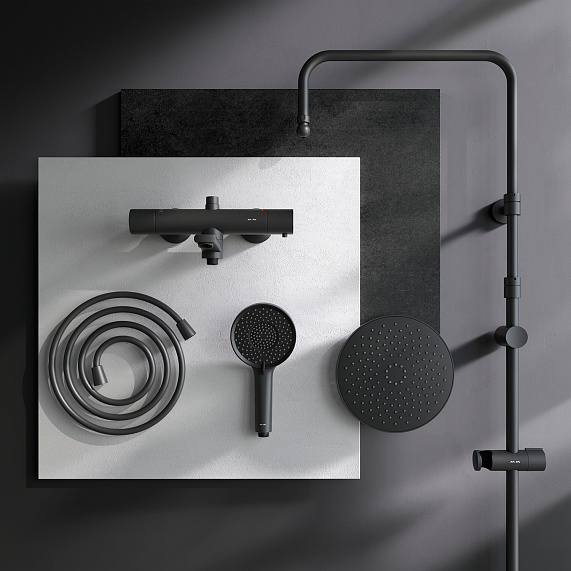 Душевая система AM.PM X-Joy F0785A522 стойка с тропическим душем, термостатом, смесителем, изливом, черная матовая-11